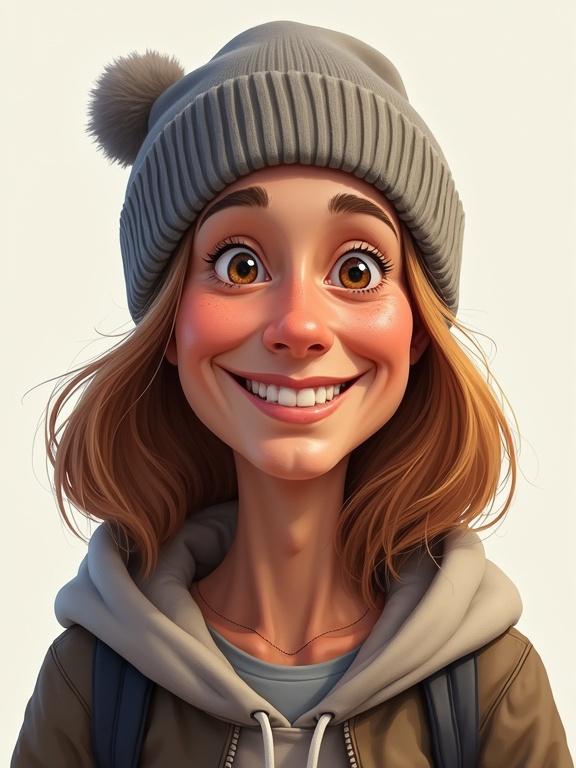 A photorealistic caricature of a smiling character with shoulder-length brown hair, wearing a gray beanie, in digital art style.