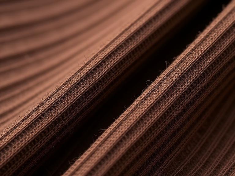 Macro photograph of a premium silk-lycra blend sock textile. Entire frame occupied by the textile with no background. Layered folds creating depth with a precise vertical ribbed knit pattern. Primary diagonal fold from upper right to lower left. Lightweight construction with a characteristic luster. Subtle variations in shade and soft illumination ensuring elegance.