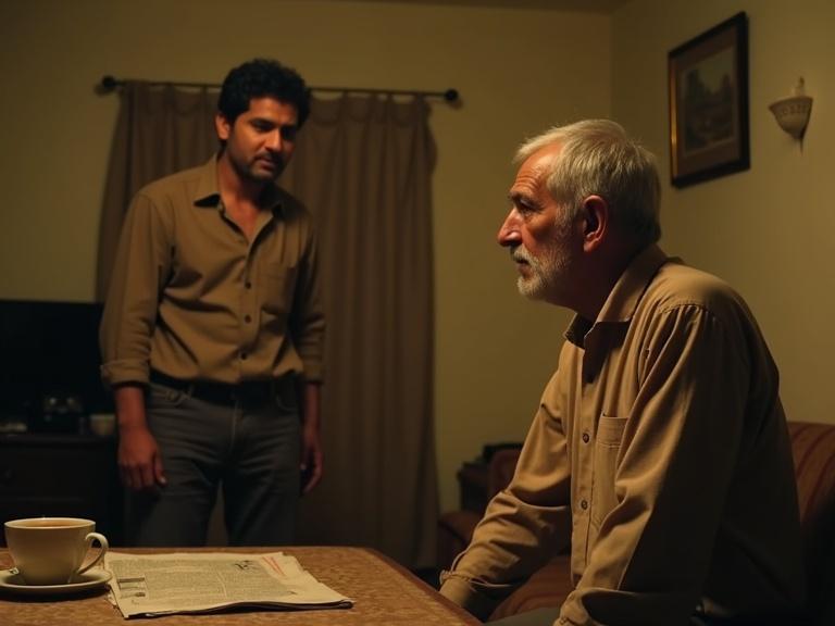Scene in modest living room. Young man Yasser stands in front of tired elderly father. Emotional exchange with hidden enthusiasm from Yasser. Coffee cup and open newspaper on table.