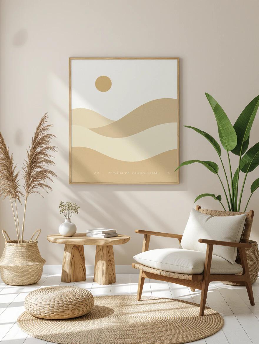 Mockup of wall art in a zen-like living space. Features sand colored tones and earthy hues. Includes two large plants and minimalist furniture. Room has light-colored walls and bright natural light.