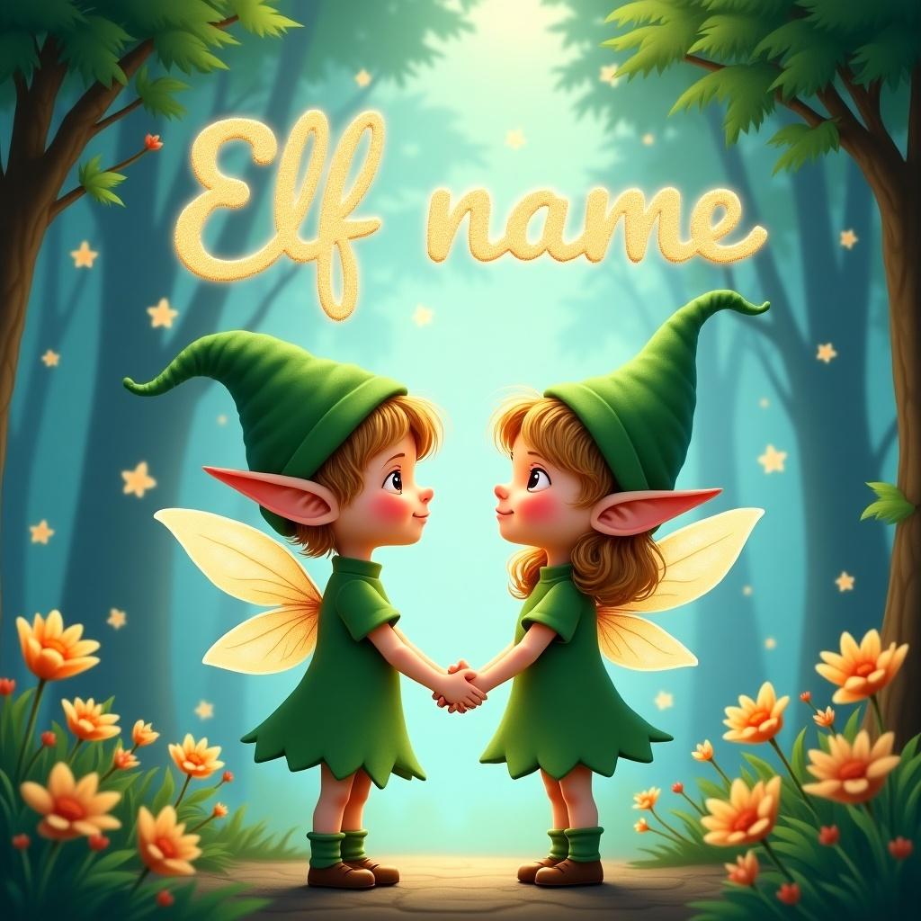 This enchanting illustration features two elf children standing in a magical forest. They are holding hands and gazing at each other with joyful expressions. Their outfits are vibrant green, complete with pointy hats and delicate wings. Above them, the phrase 'Elf name' is written in sparkling letters against a dreamy blue background. Surrounding them, flowers and soft light enhance the whimsical atmosphere.