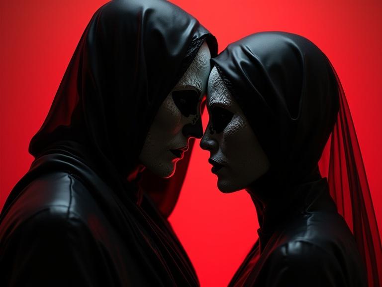 Abstract visualization of black figures with porcelain masks caressing each other against a dramatic red background. Focus on photorealistic details and soft artistic flair.