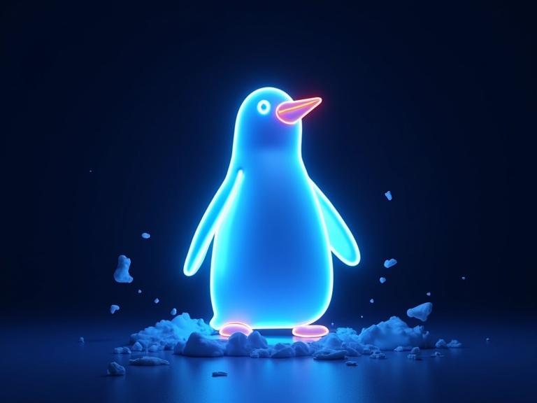 A neon blue penguin with a glowing appearance stands on snow against a dark background. The design features high-contrast colors in an abstract style. The penguin is cartoonish and adorable, with a tubby body and beak.