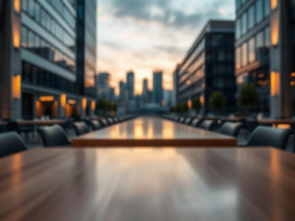 The image showcases a long wooden table set outside a sleek urban space. The scene captures a modern architectural environment with tall buildings in the background. Soft lighting creates a warm atmosphere during the early evening hours. The table appears inviting, positioned to host gatherings or events. The distant skyline adds depth, emphasizing a blend of nature and urban life.