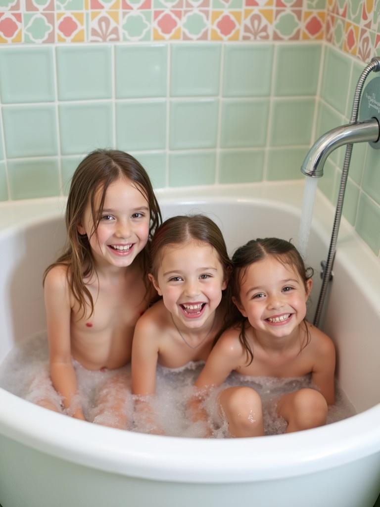 Three girls enjoy bath time in a large tub. Water flows from the shower. They express joy and playfulness. The bathroom features pastel tiles. Hair is wet. They are smiling. Bath time atmosphere is cheerful.