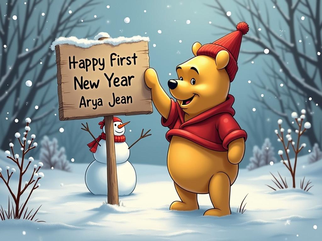 Winnie the Pooh is cheerful. Pooh holds a wooden sign. The sign reads Happy First New Year Arya Jean. Snowflakes fall gently in the air. A cute snowman stands nearby. The setting is wintery and magical. Trees without leaves are in the background.