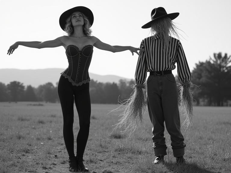 Scene features a woman in a vintage-inspired outfit standing in a rural field. She poses confidently with arms outstretched. A scarecrow stands beside her, creating contrast between life and stillness. The atmosphere is whimsical and surreal, captured in monochrome tones. Background includes rolling hills and trees. Lighting is soft and even, enhancing the overall mood.