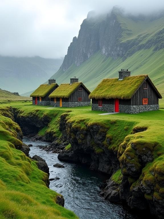 Breathtaking mountain valley scene with three traditional turf-roofed cottages above a deep stream canyon. Gray stone base, dark wooden walls, vibrant green grass roofs. Cottages feature colorful doors: red, orange, dull tone. Rich green grass blankets terrain. Clear narrow river flows through canyon. Towering mist-covered mountains in background. Soft overcast lighting creates peaceful ambiance.