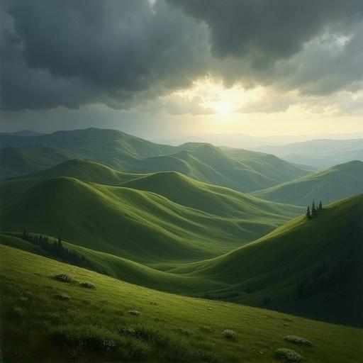 Rolling hills under a stormy sky with distant light. Oil painting in a romantic landscape art style by Thomas Cole. ArtStation artwork with soft atmospheric depth and rich textures. Dominant colors are moss green and slate gray with natural moody light.