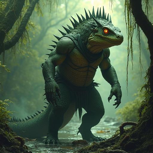 A large lizardfolk warrior standing in swamp water. He has moss-green and charcoal scales. Features a jagged armoured crest on his back. Muscular, scarred body with sharp teeth. Amber eyes and a coiling tail. Clawed feet in swamp among cypress roots and hanging moss. Morning light adds a moody atmosphere. A dead crocodile nearby.