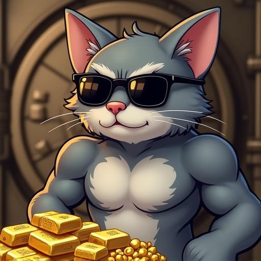 Cartoon theme with a muscular grey cat. Serious expression on the cat. The cat wears shades. Surrounded by gold bullions and silver bullions. Background features a vault.