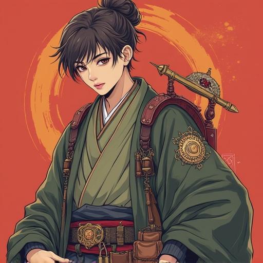 Japanese boy dressed in traditional clothing. He is smiling warmly. A large circular symbol is behind him. He has a sword and various accessories. The background is bright orange. The overall style is anime-inspired with detailed patterns.