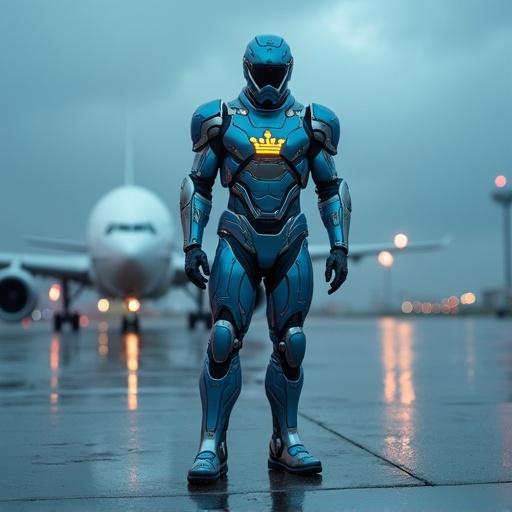 A powerful superhero stands in a futuristic armored suit inspired by KLM Airlines. The armored suit is blue and white with silver accents. A glowing crown logo is on the chestplate. Wing-like shoulder plates and high-tech visor are features of the armor. The superhero stands on a rainy runway at twilight. Mist rises at his feet. A KLM jet is in the background. The scene has moody lighting and wet reflections.