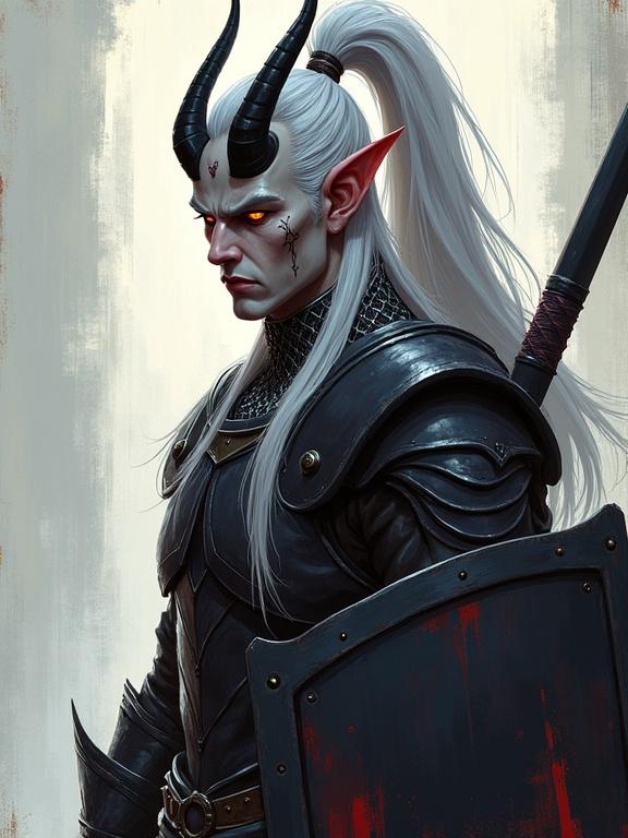 Character design of a tall male tiefling with ash-gray skin. Vibrant amber eyes and long silver hair tied in a ponytail. Black curved horns and scars across cheekbones. Wears chainmail and plate armor. Holds a black longsword and shield. Stylized portrait with painterly textures and soft cel shading. Expressive brushwork and atmospheric lighting. Dramatic posture and composition.