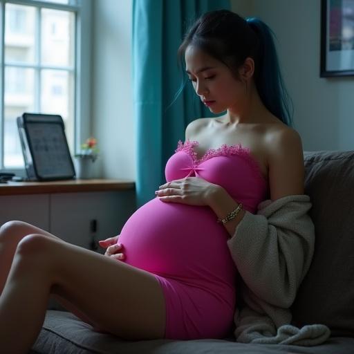 A pregnant woman sits on a couch in a dimly lit room. She wears a shiny pink bodycon dress and a lace sweater. The woman holds her baby bump tightly. Her feet rest up, and she wears converse shoes. She has blue hair tied in a ponytail, and her expression shows discomfort.
