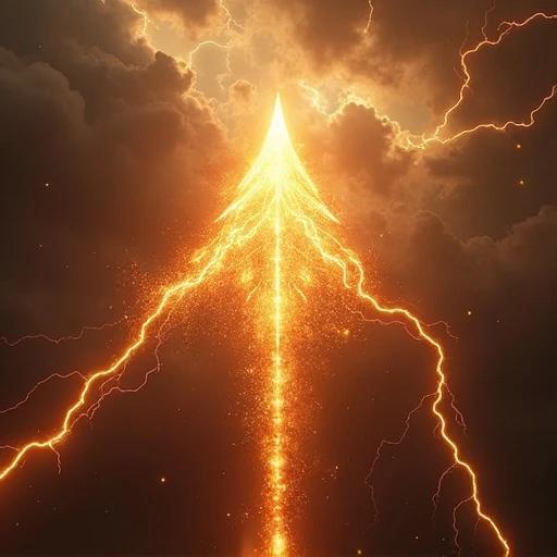 A glowing divine arrow rushes toward the viewer with intense fire. It is wrapped in swirling divine energy and sparks. Dark stormy sky parts behind the arrow as it flies forward. Shockwaves ripple outward. The arrow has a sharp point at the center, increasing in size as it approaches. High detail and dramatic lighting create a fantasy scene.