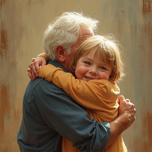 A warm embrace between a grandparent and a child in a painting style. Their faces express joy and love in a close-up view.