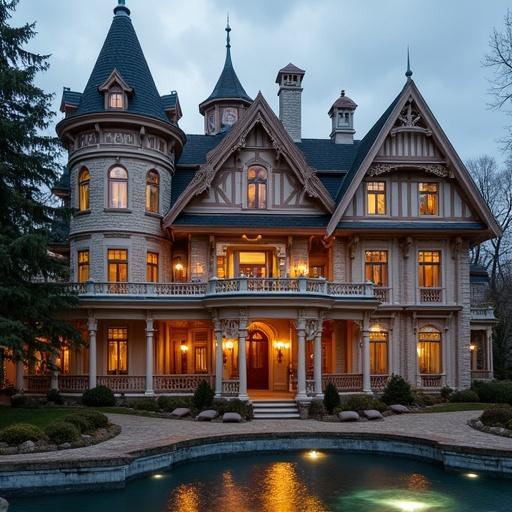 A grand hotel resembling a mansion with detailed architecture and warm evening lighting.