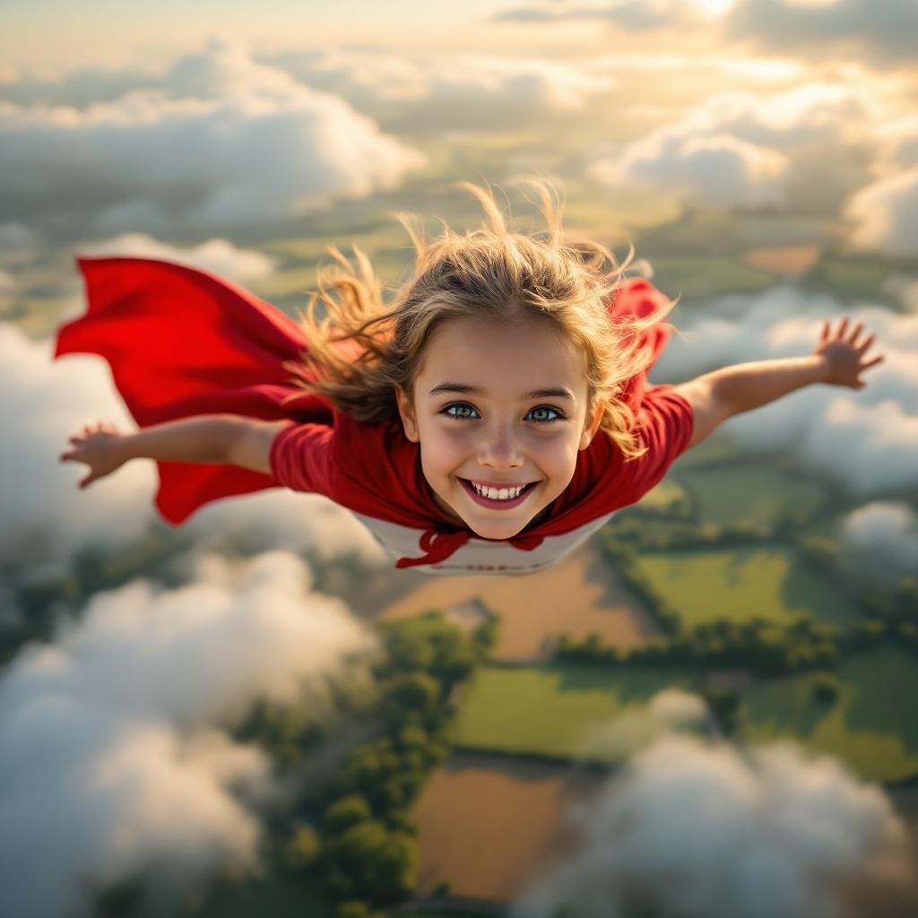 5 years old girl flying with cape over gorgeous french fields. She looks happy and confident. Her shirt says quest