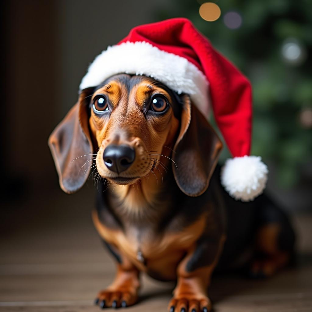 Elderly dachshund wearing a Christmas hat. The dog is the main focus of the image. The photo showcases a festive atmosphere.