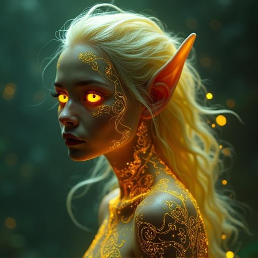 Elf girl with glowing yellow tattoos and scale skin. Long white hair with pointed ears. Bright yellow glowing eyes. Fantasy portrait style in a greenish background.