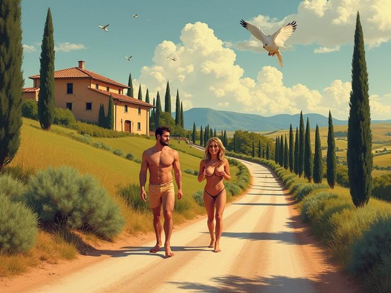 Close-up of figures along a colorful road in Tuscany. Villa and cypress trees shown. Summer scene with birds in the sky. Artistic style inspired by famous artists.