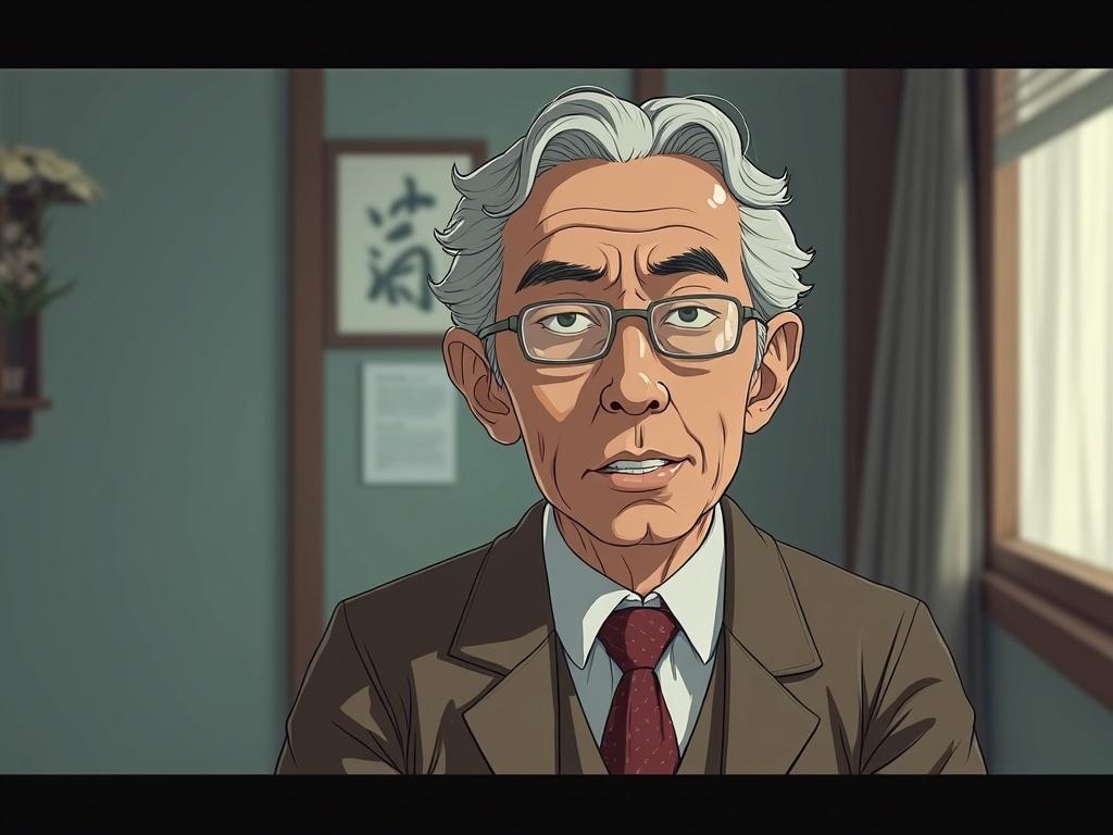 Illustration portraying an older Japanese man with gray hair and glasses. He is wearing a brown suit and is seated at a desk. The background includes a window and a wall with traditional Japanese art.