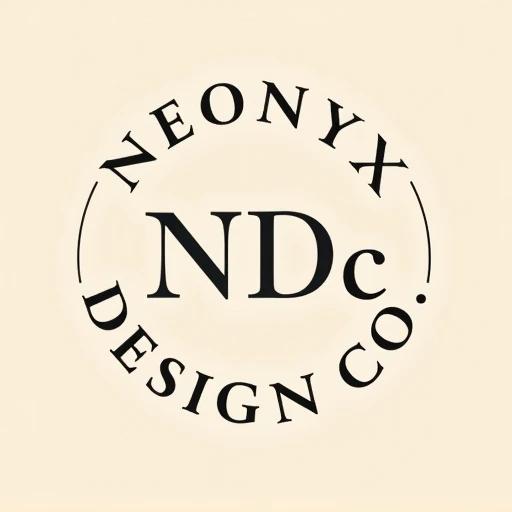 Logo design featuring initials NDc at the center. Uppercase ND and lowercase c in Art Nouveau font. Decorative flourishes surround initials. NEONYX arches on top; DESIGN CO on bottom. Text forms a circle around initials without a separate line. Circle text in minimal uppercase font contrasts with ornate initials. Design fills entire canvas with 3% margin. Soft sand background with charcoal gray text.