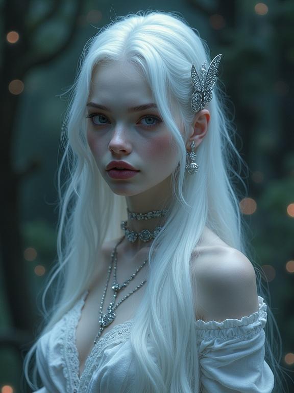 A young woman with white hair and porcelain skin stands in a dark forest. She has pink eyes and black lips. Detailed silver jewelry adorns her. A soft, luminous glow surrounds her, creating a magical atmosphere. The mood is captivating with a touch of fantasy. The artwork is digitally rendered with intricate details and realistic textures.