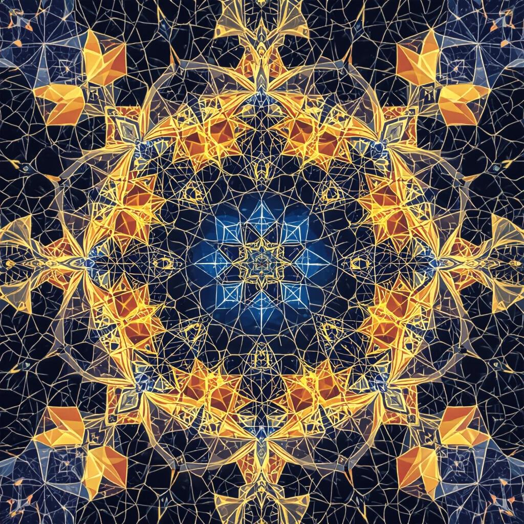High tech geometric mandelbrot design with vibrant colors and intricate patterns.