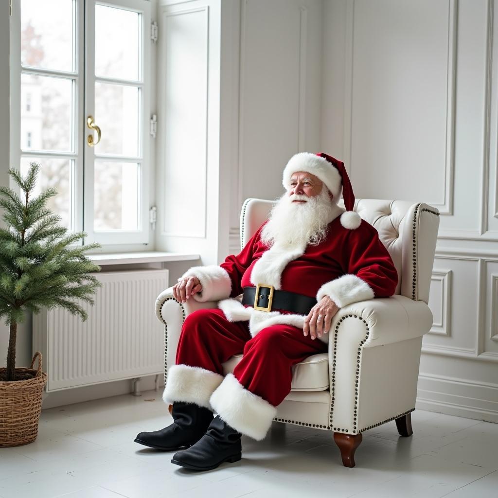 Santa Claus in a white room sitting comfortably on a sofa next to a small Christmas tree. The interior is bright and inviting. Santa wears a traditional red suit with white fur trim. The setting has an elegant design with large windows allowing natural light to fill the space.