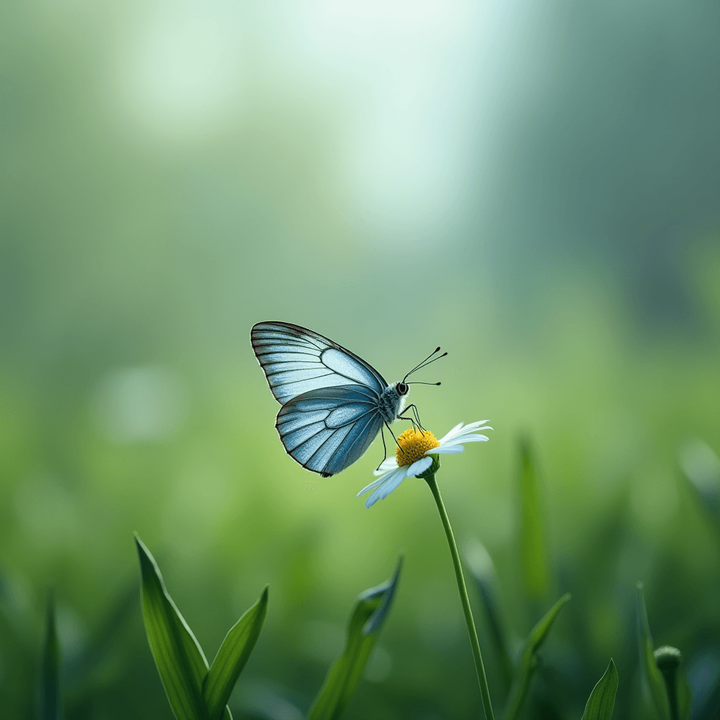 A delicate blue butterfly perched on a daisy against a soft-focus, green background.