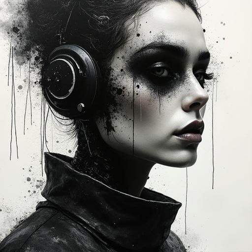 Artwork of a cyberpunk portrait. Subject shows raw strength and emotional depth. Bold ink strokes combined with delicate textures. The background features alcohol ink effects. Strong contrast of blacks and grays.