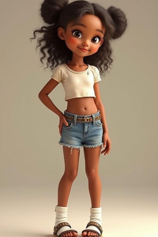 A cartoon character of a girl with curly hair dressed in a crop top and shorts. The girl stands confidently, displaying a fun and playful vibe. She has a tanned skin tone and wears white socks with sandals, alongside a casual outfit. A warm and friendly atmosphere is conveyed through her pose and expression.