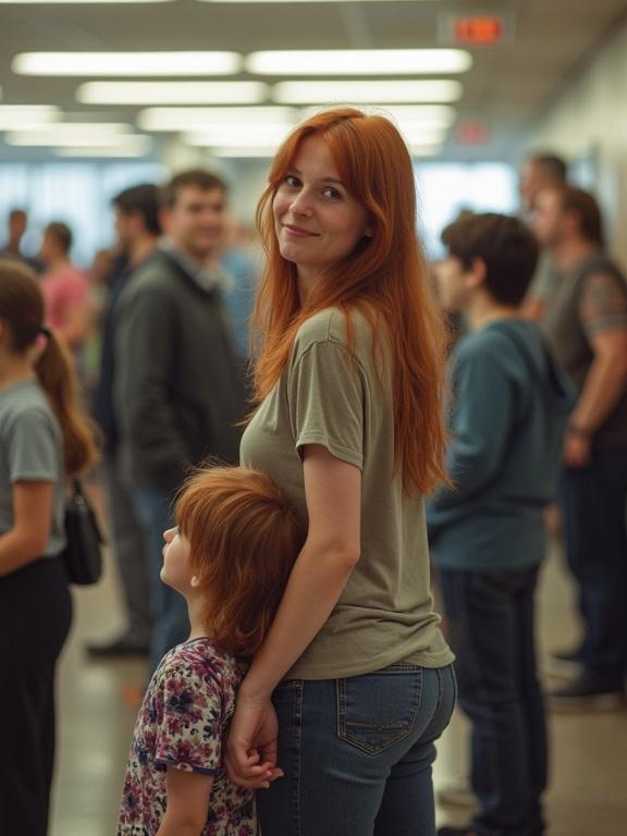 Mother waits in line with child at bank. Mother has red hair. Background has other waiting people. Soft natural lighting. Slightly pixelated with bright colors. Children beside her. Candid family moment.