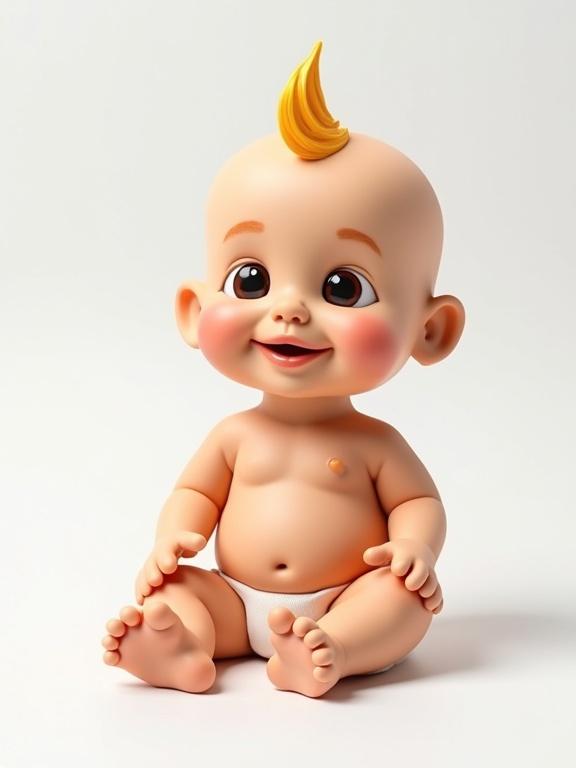 Sitting baby figure with a playful design. Made from colorful chips. Realistic representation. Simple white background. Bright and cheerful look.