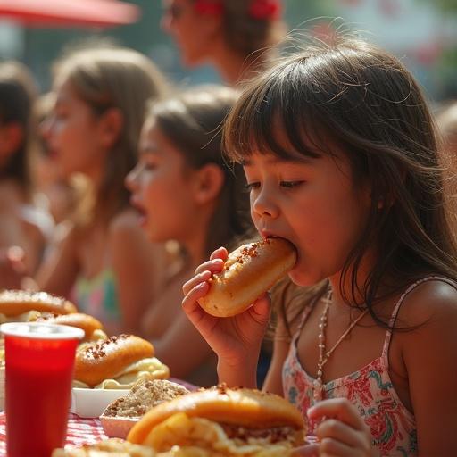 A group of girls participating in an eating contest, focusing on a girl eating a hot dog. The setting is lively and filled with food and drinks.