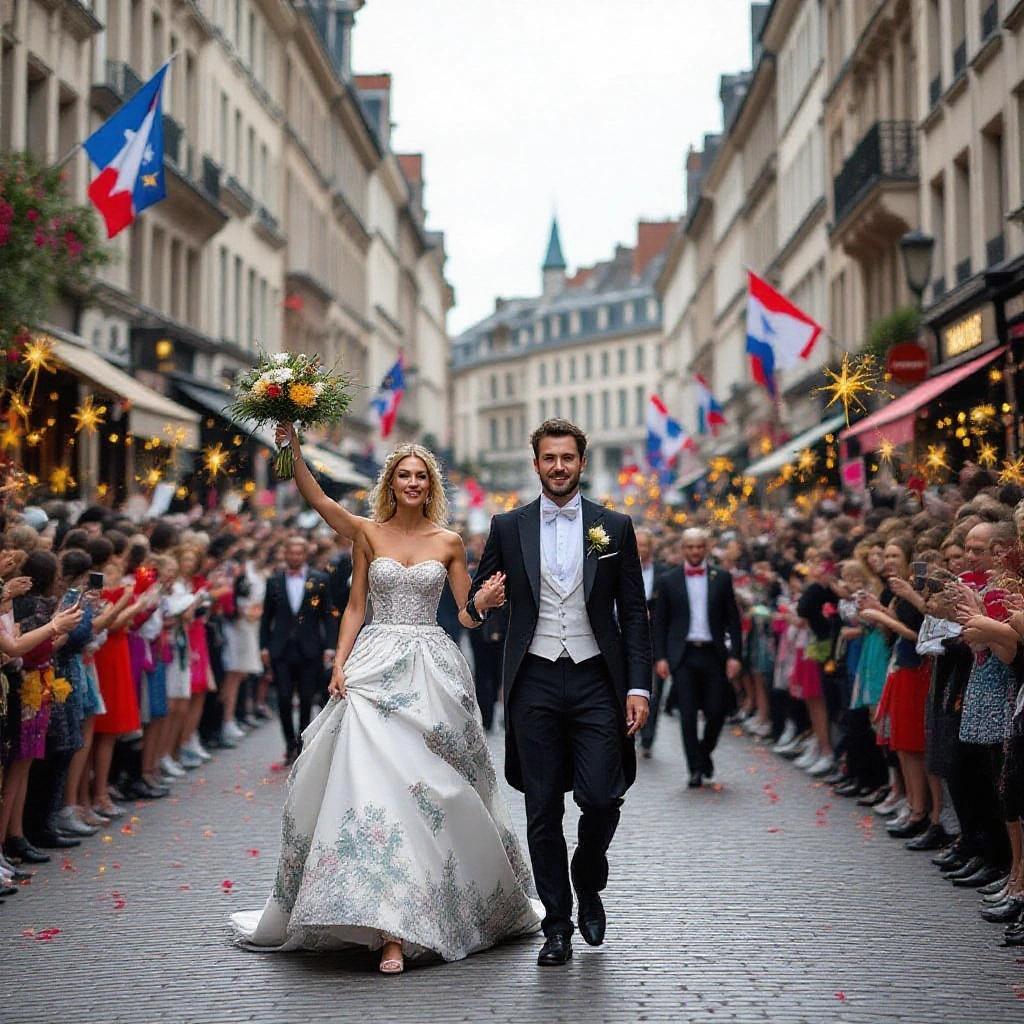 A beautiful wedding celebration in a lively street. A bride in a detailed gown and a groom in a tuxedo joyfully walk through a crowd. Colorful flags and decorations are present. Festive and romantic setting.