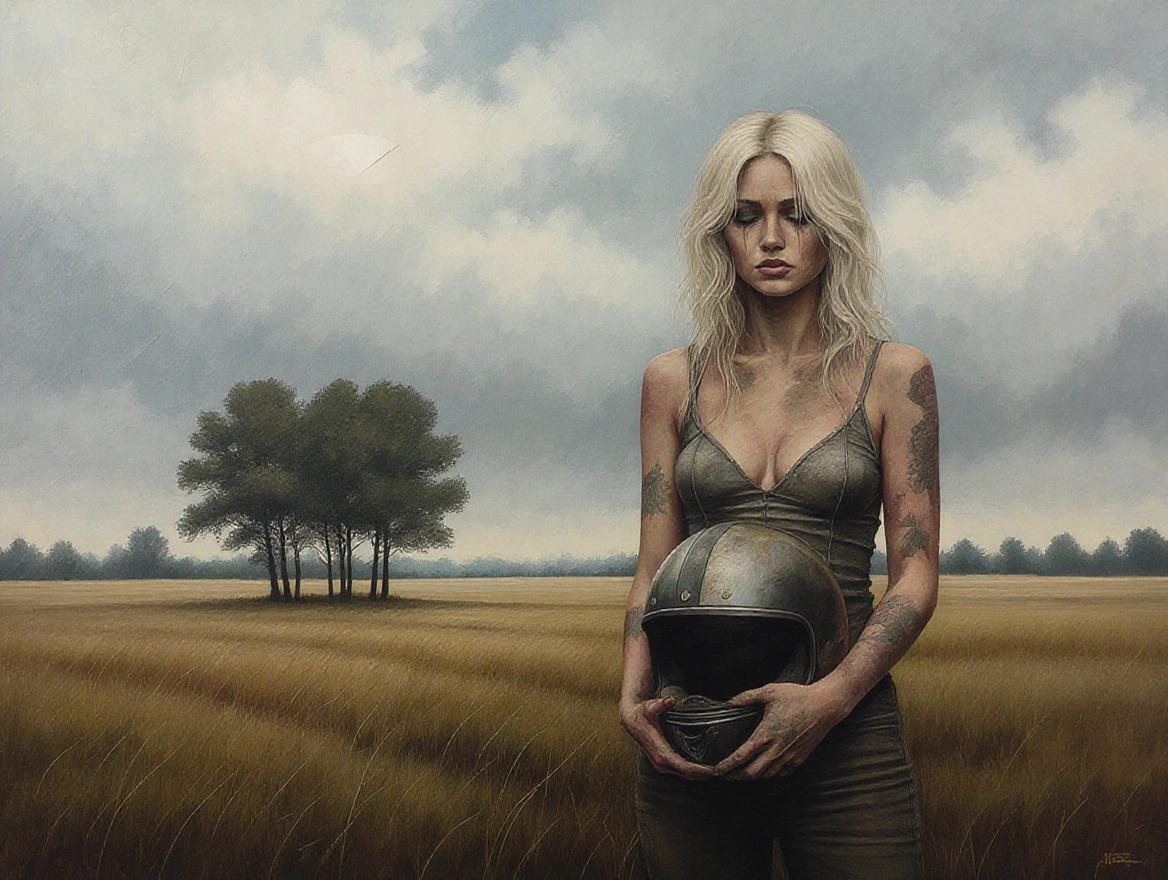 An evocative landscape scene features a beautiful blonde woman holding a motorcycle helmet. She stands in a field with a cloudy sky above. Her tattoos are visible on her skin. A cluster of trees is in the background. The colors are subdued and atmospheric.