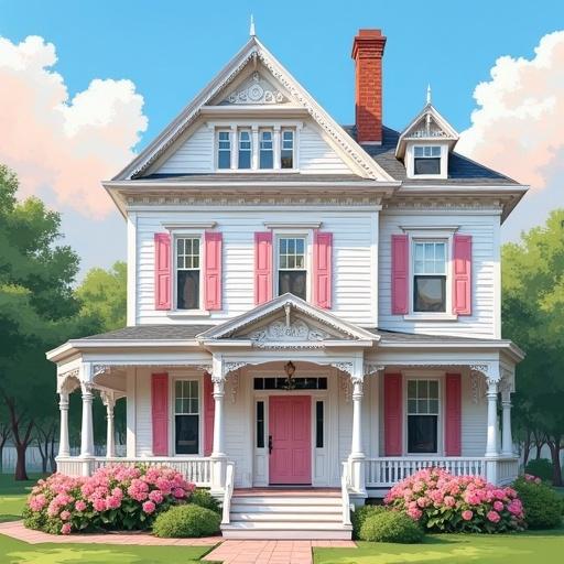 A white queen Anne Victorian house with a wrap around porch. Features gingerbread trim. Has a light pink door and light pink shutters. Surrounded by light pink rose bushes. Backdrop includes a light blue sky and bright sunny day with white and pink clouds.