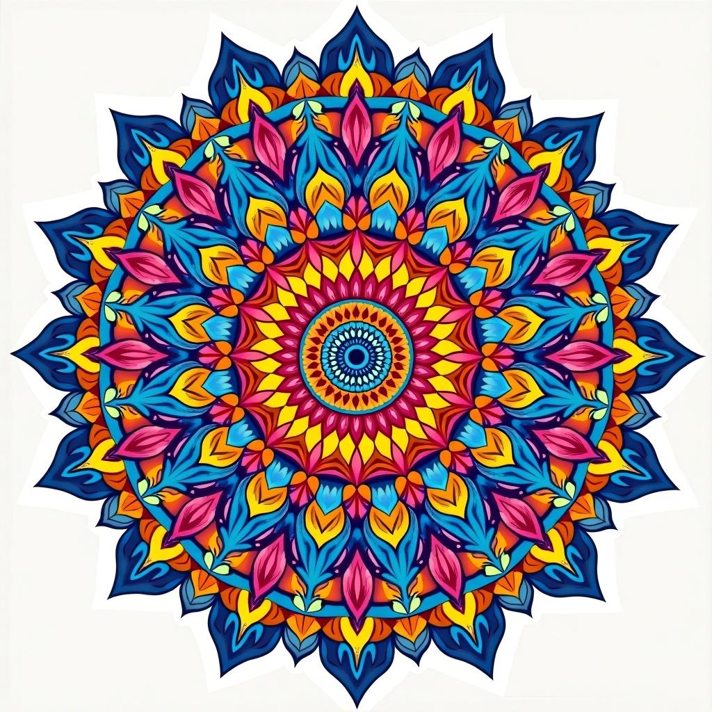 This image features a vibrant mandala design, characterized by intricate patterns and bold colors. The central focus is a spiraling sun motif, surrounded by layers of petals and leaves. Shades of blue, pink, yellow, and green dominate the composition, creating a sense of energy and balance. The overall circular shape and symmetry evoke feelings of harmony and tranquility. This mandala can inspire creativity and is perfect for art projects or meditation practices.