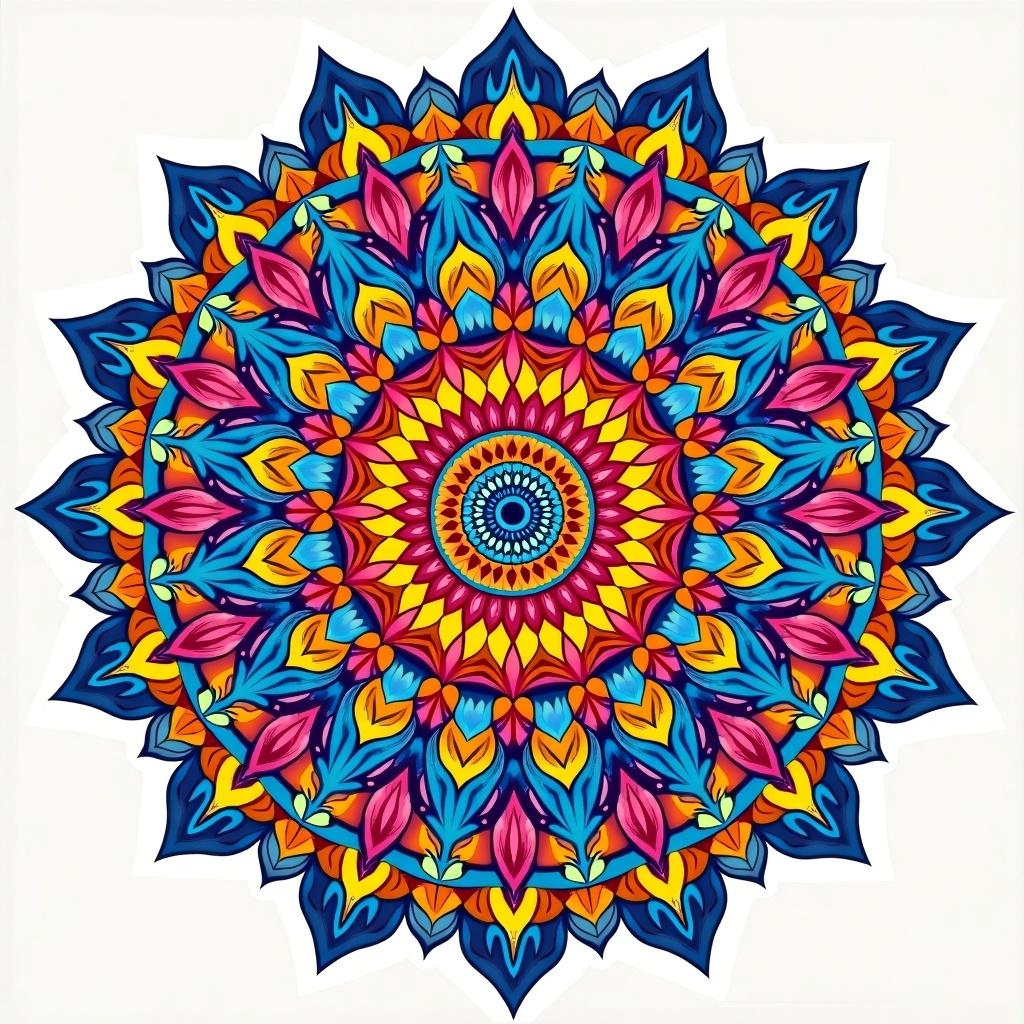 This image features a vibrant mandala design, characterized by intricate patterns and bold colors. The central focus is a spiraling sun motif, surrounded by layers of petals and leaves. Shades of blue, pink, yellow, and green dominate the composition, creating a sense of energy and balance. The overall circular shape and symmetry evoke feelings of harmony and tranquility. This mandala can inspire creativity and is perfect for art projects or meditation practices.