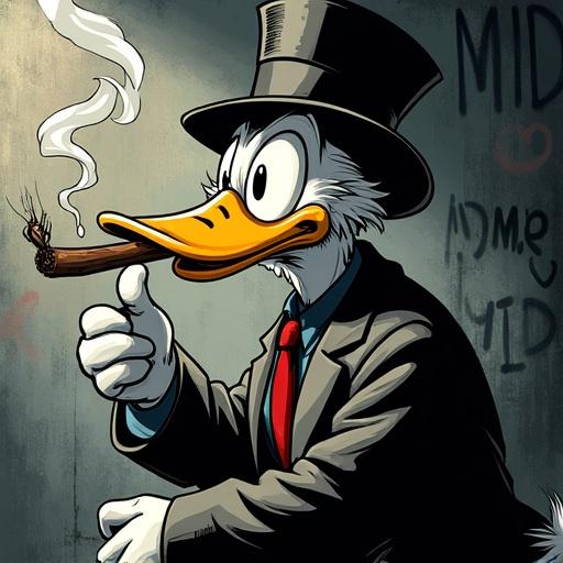 A duck character resembling Scrooge McDuck stands holding a cigar. The character wears a top hat and suit. The background features graffiti elements. The design includes black outlines and is highly detailed with soft lighting.