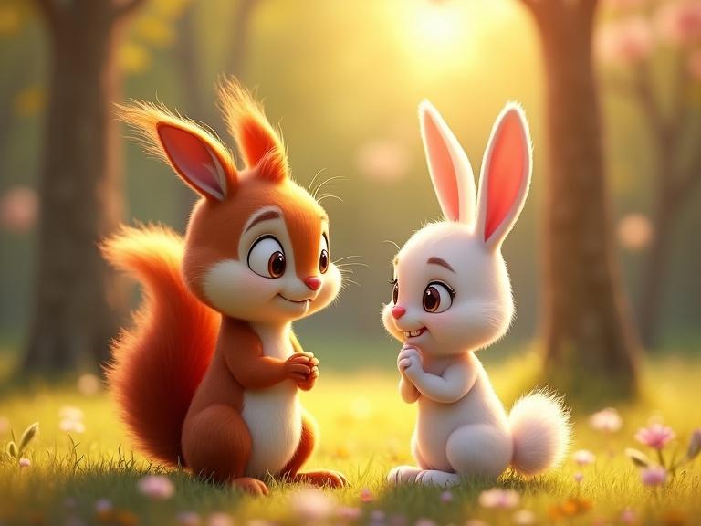 A red squirrel with big eyes and slumped shoulders looks sad. A white bunny beside him shows a thoughtful expression, scratching its chin. The scene is set in a park with warm golden light and spring ambiance. Pixar-like style features soft fur and expressive body language.
