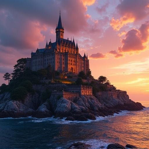 Castle on exotic island during sunset. Dramatic sky colors with glowing lights from castle. Architectural details enhancing grandeur of structure against backdrop.