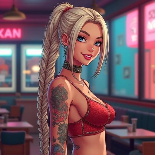 Anime woman with long light blonde braided ponytail. Futuristic setting inside a luxurious Mexican restaurant. Character features beautiful tattoos and oversized dress. Hair is styled extravagantly. Happy expression conveying confidence. The atmosphere highlights a summer vibe in Miami.