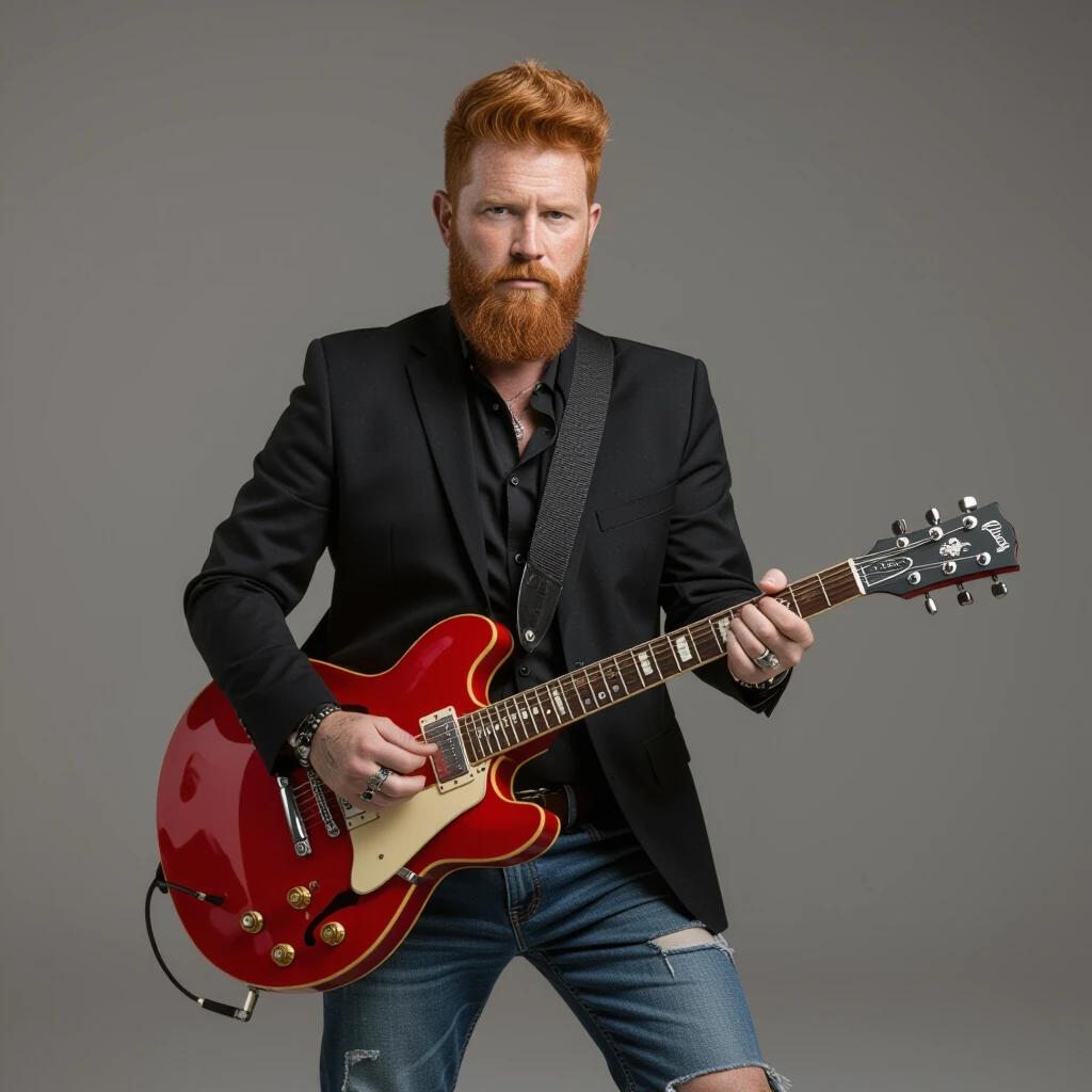 A male rocker with red hair wears a suit jacket and dirty jeans while holding a red guitar. He has a rebellious stance against a dark background and has a beard.