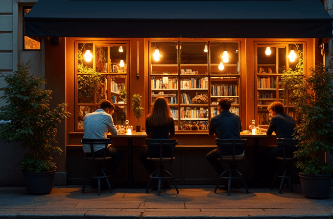 Four people sitting in front of a warmly lit cafe with books on display.