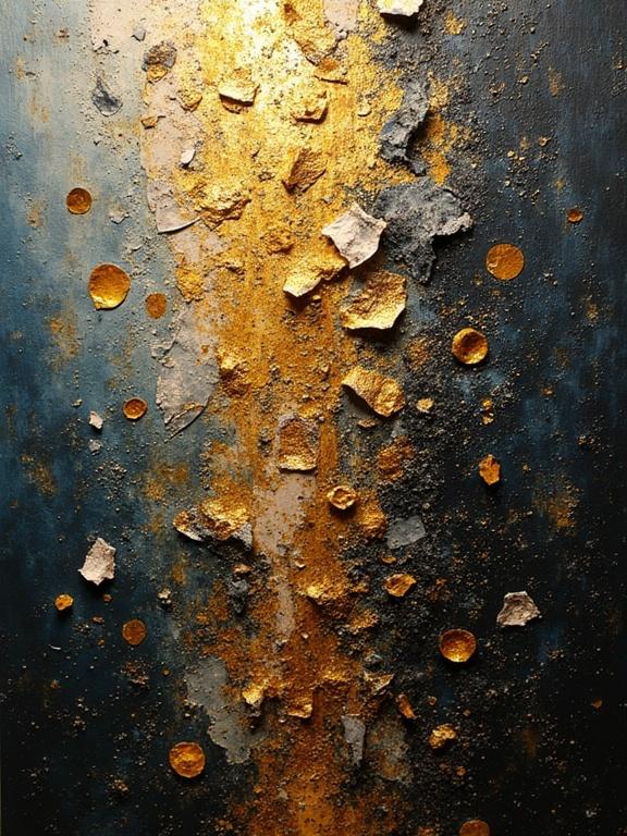 Abstract painting with layered textures and mixed media. Use of gold, dark colors, and collage elements. Features jute fibres, wood, newspaper scraps, and glittering confetti. Emanates depth and surface feel. High resolution with magical appeal. Evocative design elements.