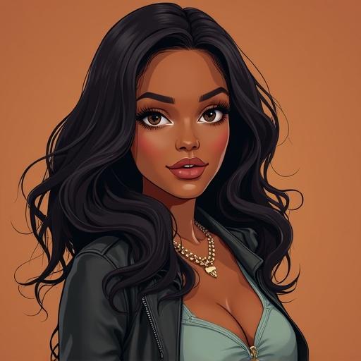 Stylish digital illustration of a woman with long, wavy black hair and a confident expression. She wears a green top and a gold necklace, against a warm brown background. Emphasis on facial features and fashion style.